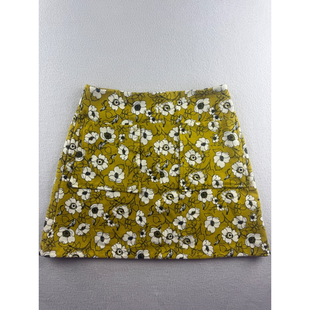 Maeve Anthropologie Mustard Yellow Floral A-Line Mini Skirt Petite XSP Pocket